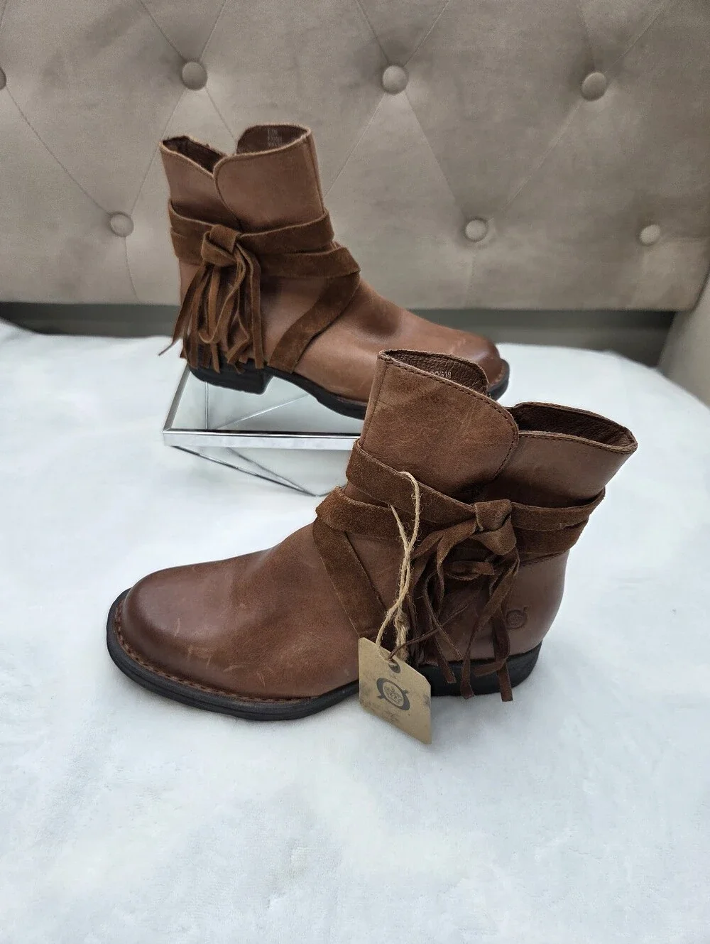Born Leather Fringe Wrap Ankle Boots Brown‎ Side Zip Booties Women's Size 6.5M